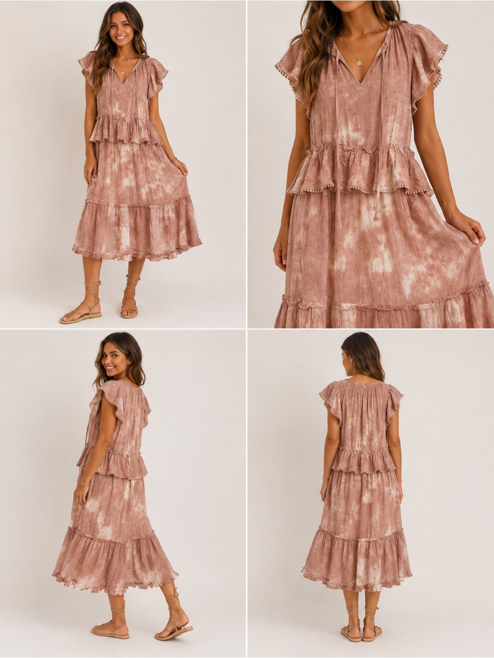 NWT Blu Pepper Tie Dye Swiss Dot Boho Midi Dress Large Pink Ruffle Cottagecore - Picture 3 of 11